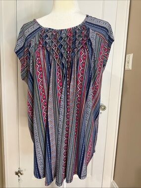 Premise Navy Blue Pink Striped Smocked Blouse